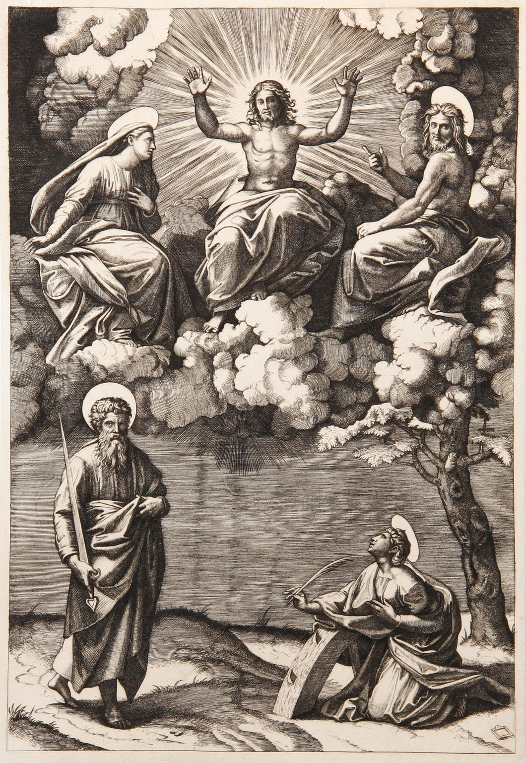 La piece dite des cinq Saints Etching | Marcantonio Raimondi,{{product.type}}
