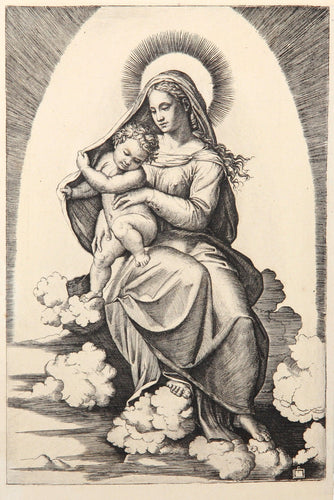 La Vierge assise sur les Nues I Etching | Marcantonio Raimondi,{{product.type}}