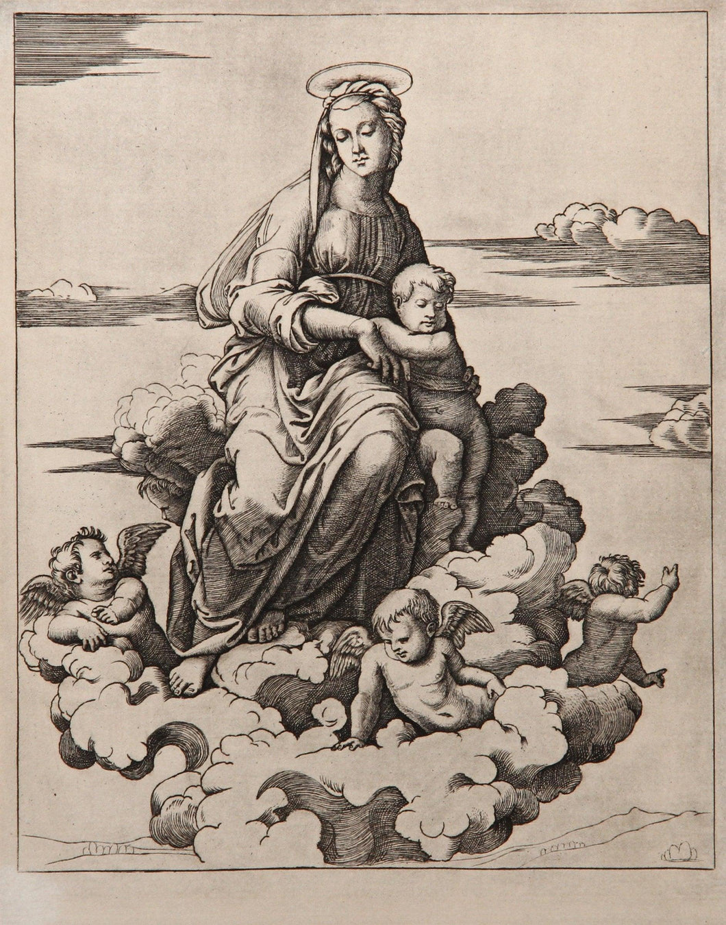 La Vierge assise sur les Nues II Etching | Marcantonio Raimondi,{{product.type}}