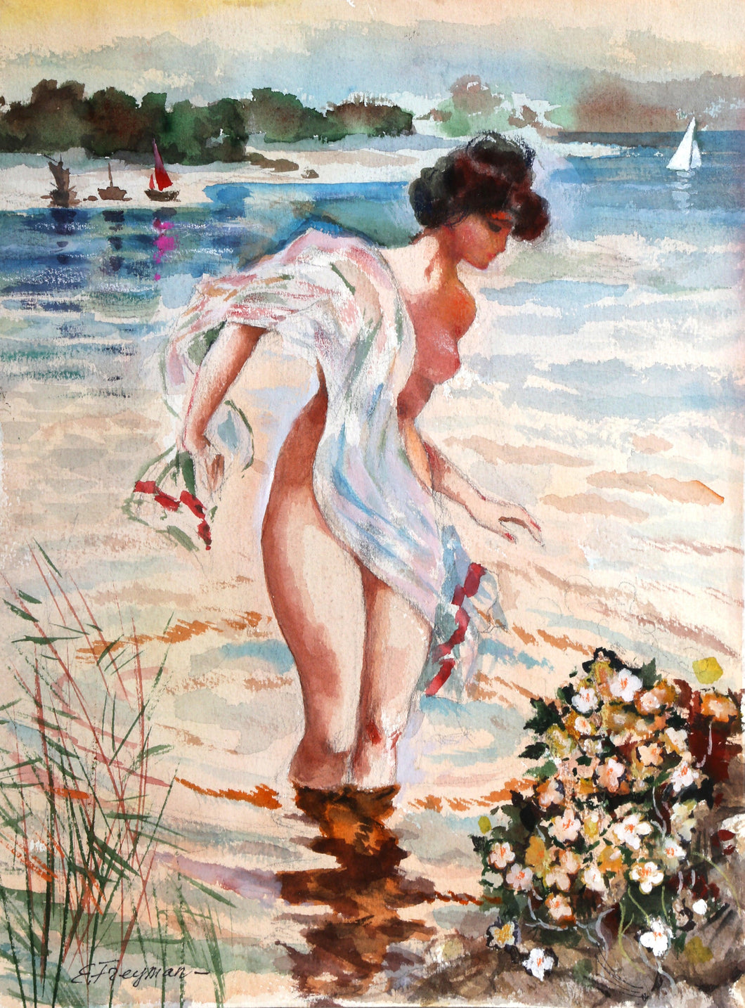 Lady Bathing Watercolor | Erik Freyman,{{product.type}}