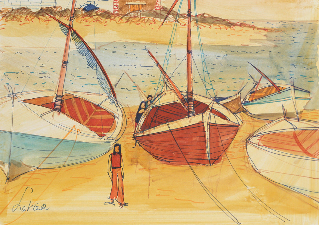 Large Sailboats on Shore I Watercolor | Charles Levier,{{product.type}}