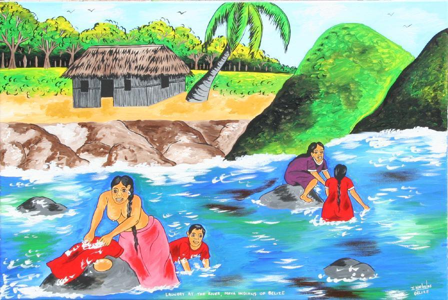 Laundry at the River, Mayan Indians of Belize Acrylic | Isiah Nicholas,{{product.type}}
