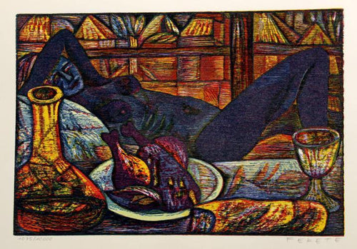 Lounging Blue Nude Woodcut | Esteban Fekete,{{product.type}}