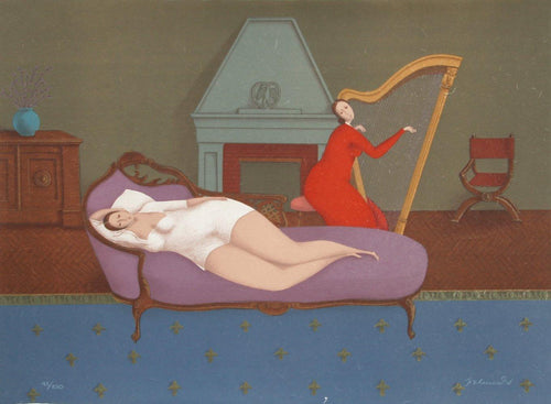 Lounging with Harp Lithograph | Branko Bahunek,{{product.type}}