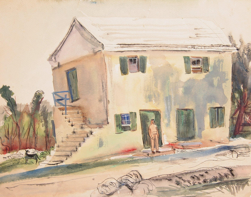 Man and Dog Outside House Watercolor | Marshall Goodman,{{product.type}}