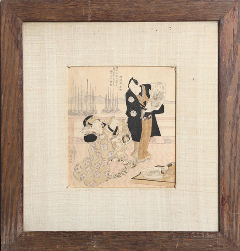 Man Displaying Scroll to Two Women Woodcut | Kunisada Utagawa (Toyokuni III),{{product.type}}