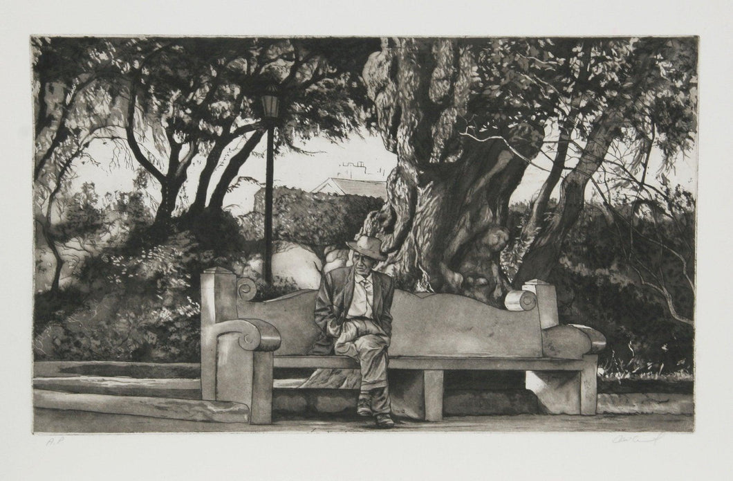 Man on Bench (B & W) Etching | Harry McCormick,{{product.type}}
