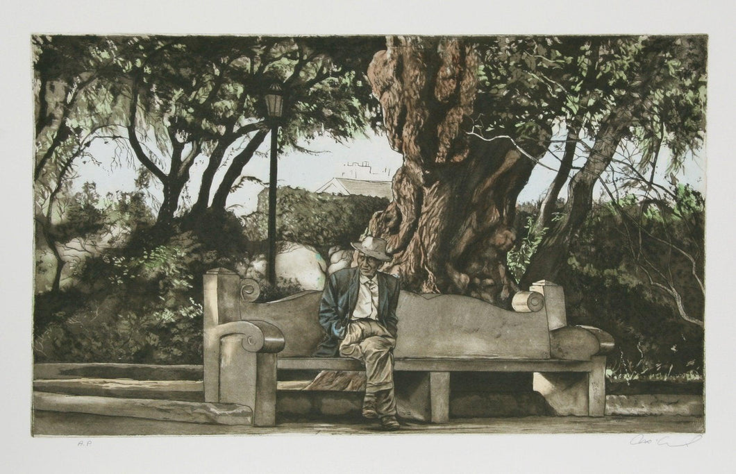 Man on Bench (Color) Etching | Harry McCormick,{{product.type}}