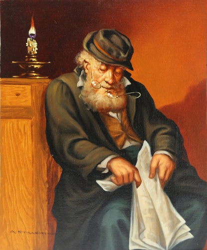 Man Sleeping with Newspaper by Candlelight Oil | Abraham Straski,{{product.type}}