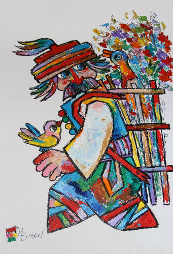 Man with Two Birds Acrylic | Jovan Obican,{{product.type}}