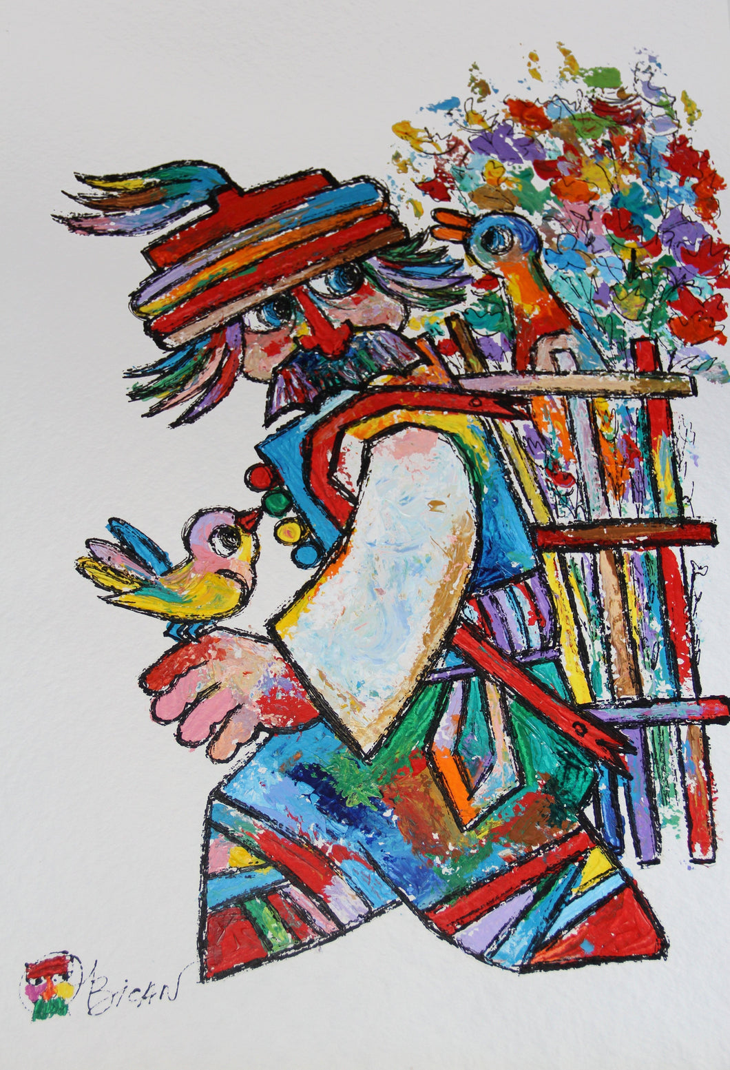 Man with Two Birds Acrylic | Jovan Obican,{{product.type}}