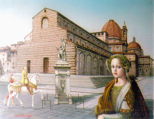 Medici Woman and Knight in San Lorenzo Square Oil | Tito Salomoni,{{product.type}}