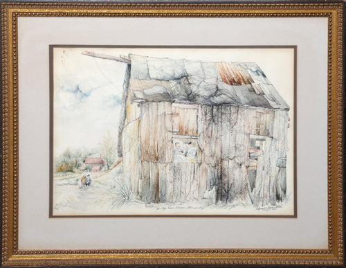 Men Praying in Barn Watercolor | Seymour Rosenthal,{{product.type}}