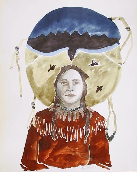 Native American Woman with Crow Watercolor | Pamme Turner,{{product.type}}