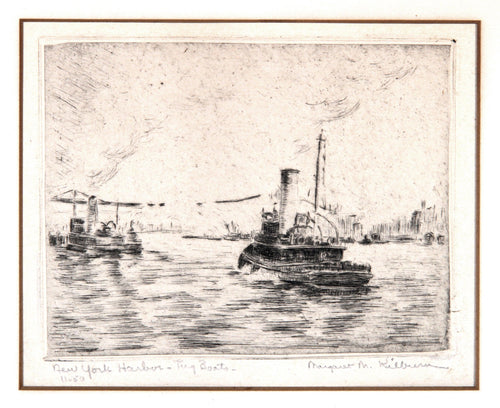 New York Harbor - Tug Boats Etching | Margaret M. Kilburn,{{product.type}}