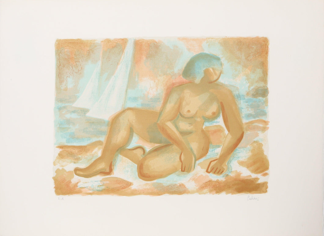 Nude on Beach with Sailboats Lithograph | Laurent Marcel Salinas,{{product.type}}