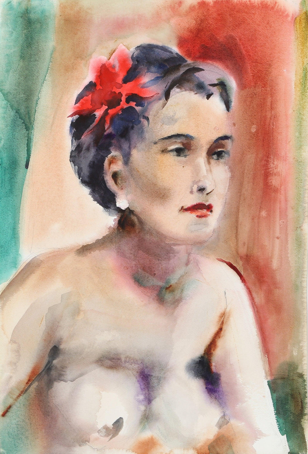 Nude with Flower in Her Hair (P1.26) Watercolor | Eve Nethercott,{{product.type}}
