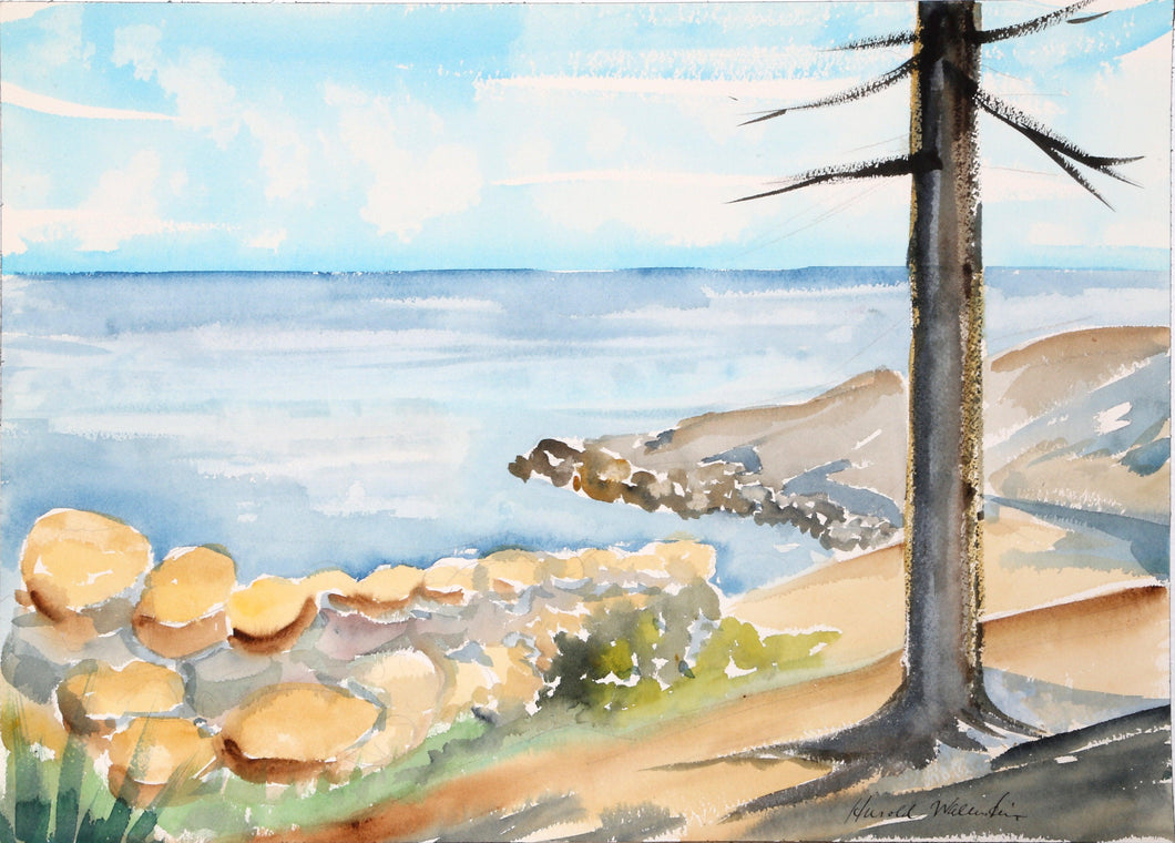 Ocean Landscape with Tree Watercolor | Harold Wallerstein,{{product.type}}