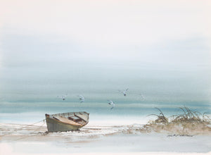 Ocean View with Boat Watercolor | Suraprison,{{product.type}}