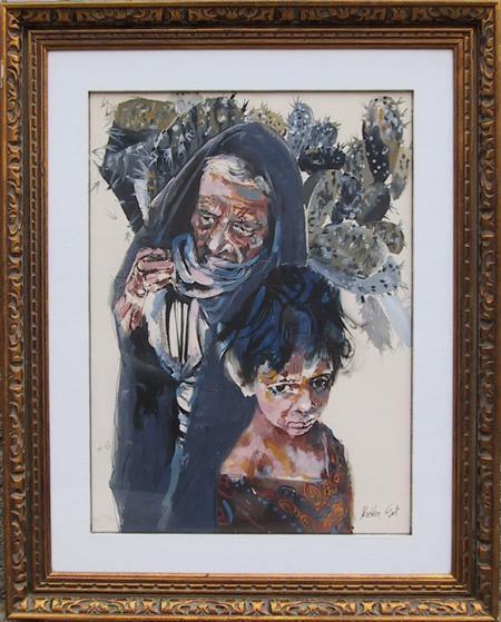 Older Woman and Child near Cacti Gouache | Moshe Gat,{{product.type}}