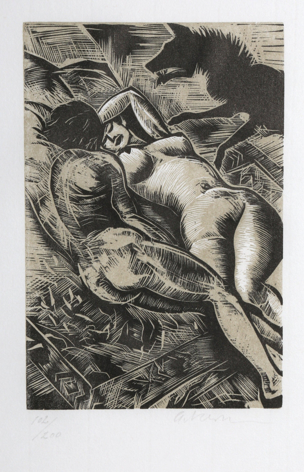 On a Rug Lay Two Naked Figures from Steppenwolf Portfolio Woodcut | Helmut Ackermann,{{product.type}}