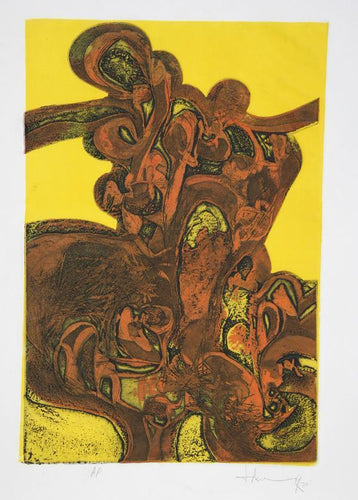 Orange Abstract on Yellow Etching | Unknown Artist,{{product.type}}
