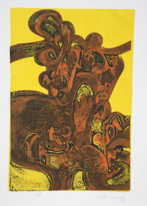 Orange Abstract on Yellow Etching | Unknown Artist,{{product.type}}