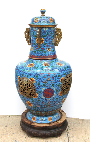 Pair of Blue Floral Cloisonne Tall Urns Antiques | Unknown, Chinese,{{product.type}}