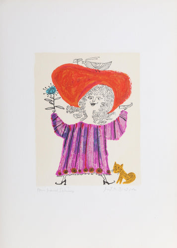 Petite Portrait - Big Red Hat Lithograph | Judith Bledsoe,{{product.type}}