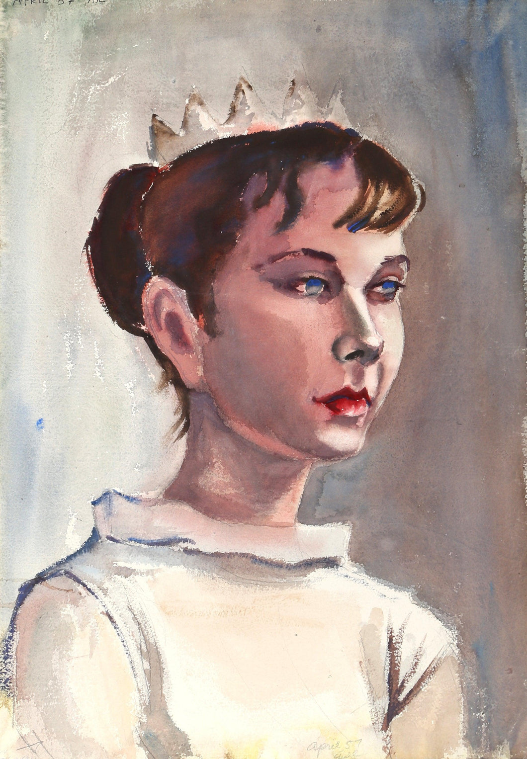 Portrait of a Girl Wearing a Crown (P6.35) Watercolor | Eve Nethercott,{{product.type}}