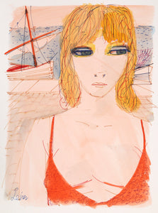 Portrait of Blonde by Sailboat Watercolor | Charles Levier,{{product.type}}
