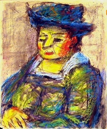 Portrait of Woman in Blue Hat Pastel | Unknown Artist,{{product.type}}
