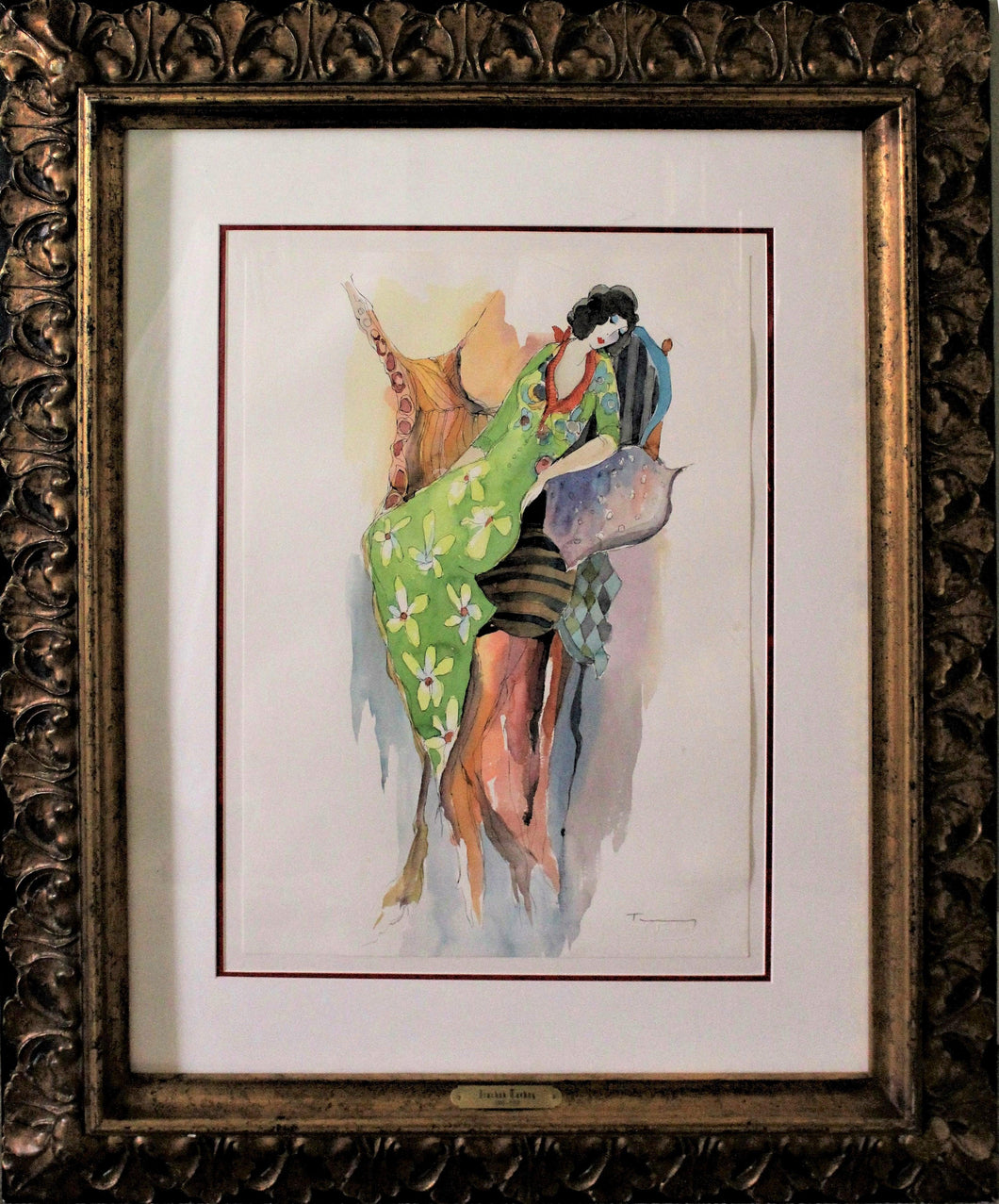 Portrait of Woman in Green Floral Dress Watercolor | Itzchak Tarkay,{{product.type}}