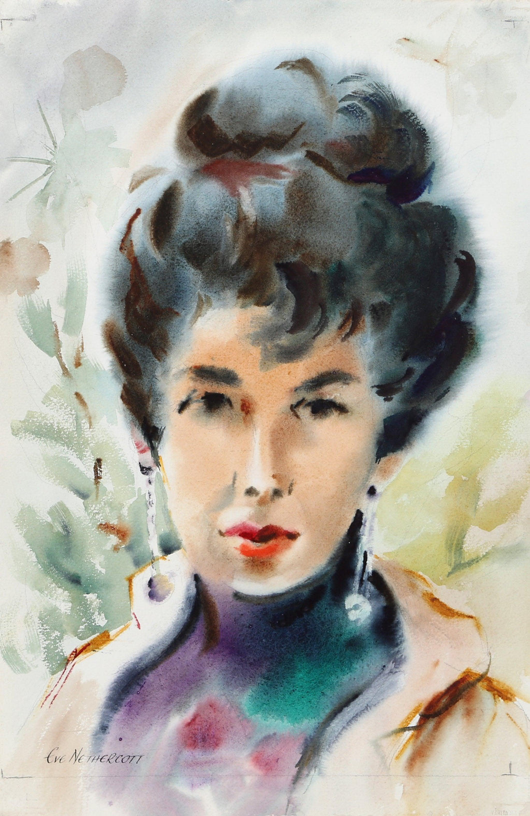 Portrait of Woman with Earrings (P1.15) Watercolor | Eve Nethercott,{{product.type}}