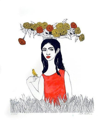 Portrait of Woman with Yellow Bird Lithograph | Pat Robbins,{{product.type}}