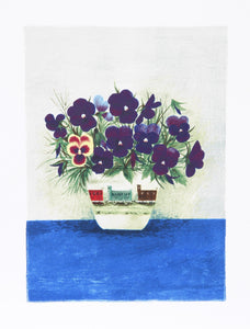 Purple Pansies in Cup Lithograph | Mary Faulconer,{{product.type}}