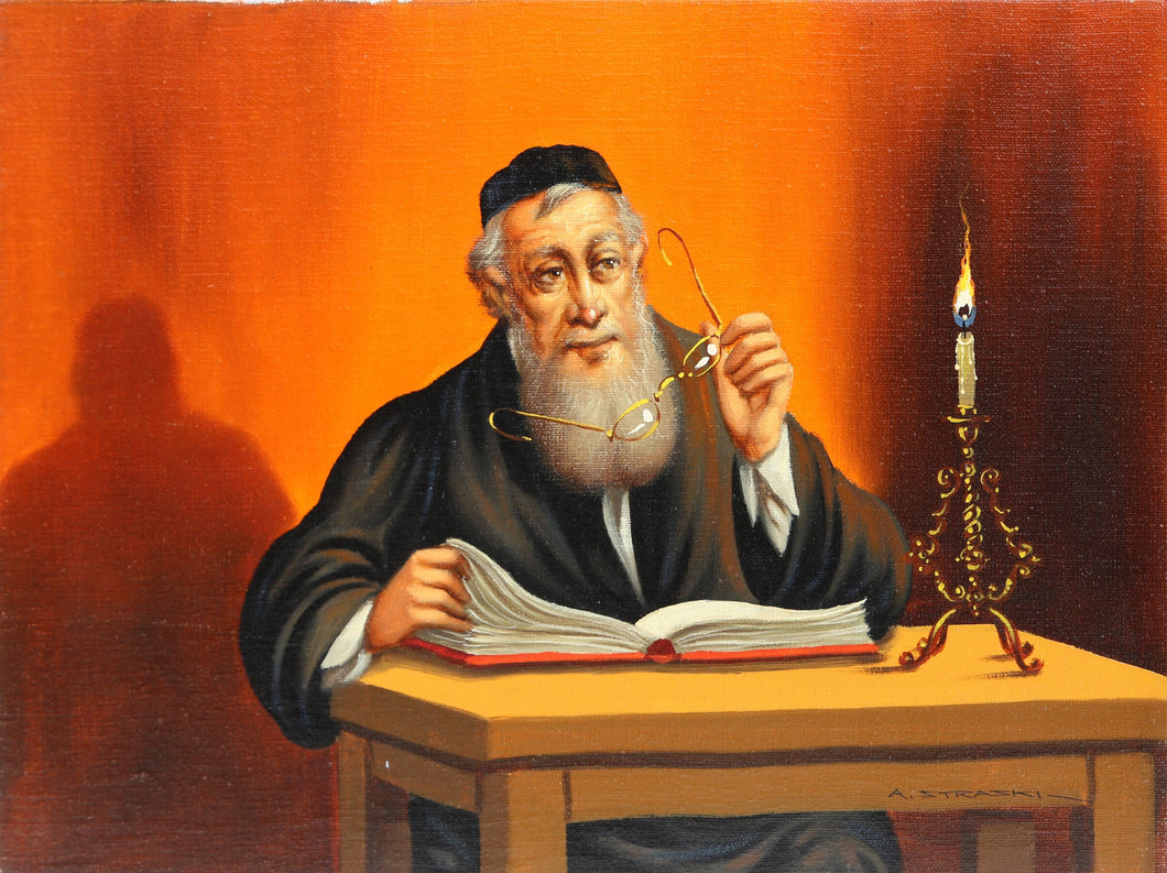 Rabbi Reading by Candlelight (1) Oil | Abraham Straski,{{product.type}}