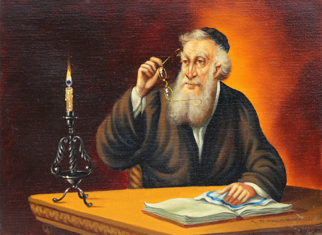 Rabbi Reading by Candlelight (7) Oil | Abraham Straski,{{product.type}}