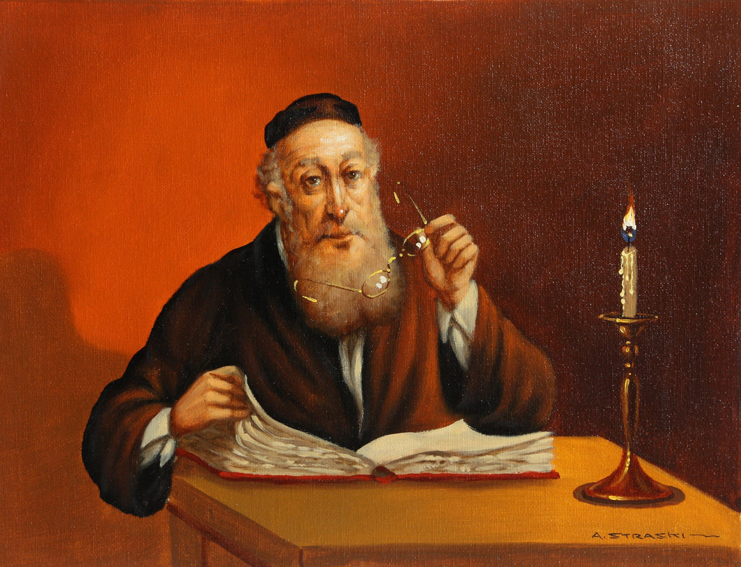 Rabbi Reading by Candlelight (H) Oil | Abraham Straski,{{product.type}}
