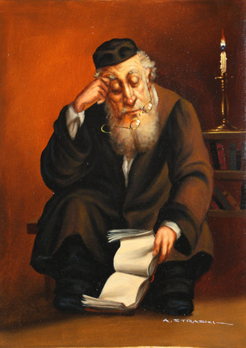 Rabbi Reading by Candlelight (M) Oil | Abraham Straski,{{product.type}}