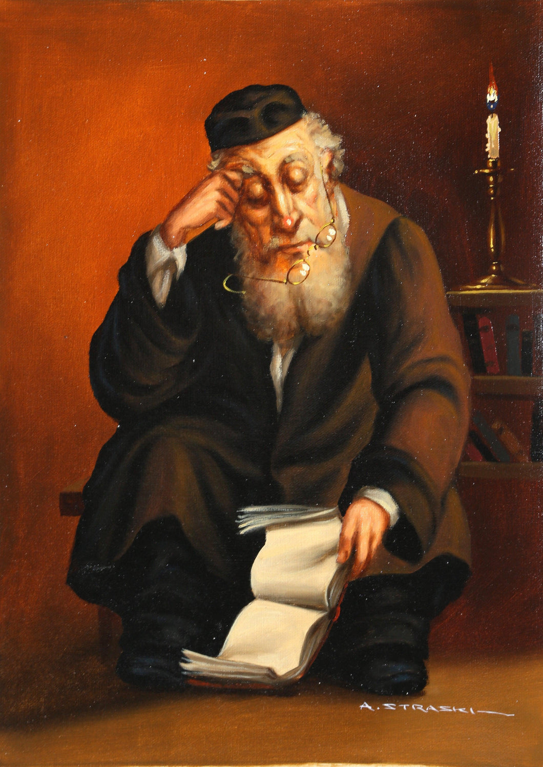 Rabbi Reading by Candlelight (M) Oil | Abraham Straski,{{product.type}}