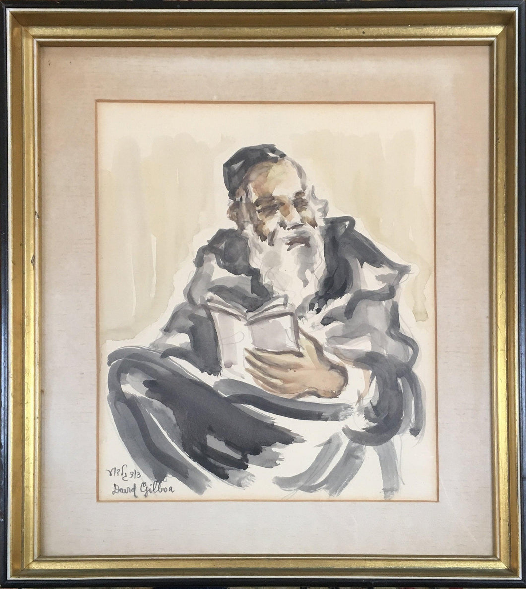 Rabbi with Book Watercolor | David Gilboa,{{product.type}}