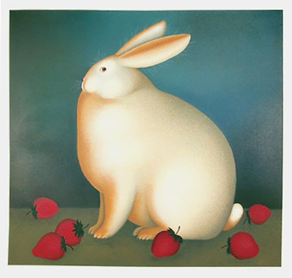 Rabbit with Strawberries (Tan) Screenprint | Igor Galanin,{{product.type}}