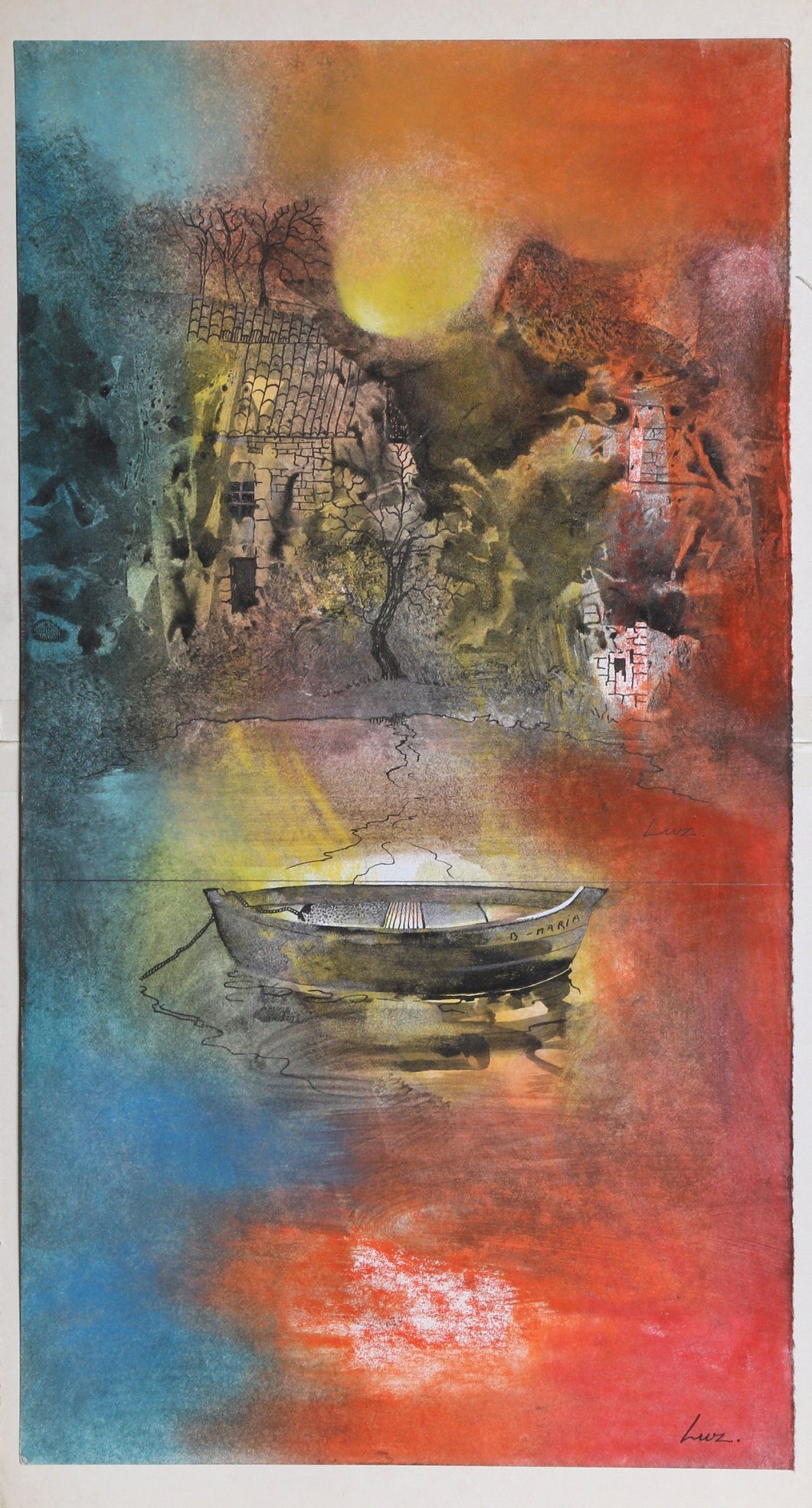 Rainbow Seascape with Canoe Watercolor | Luz,{{product.type}}