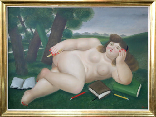 Reclining Nude with Books and Pencils on Lawn Oil | Fernando Botero,{{product.type}}