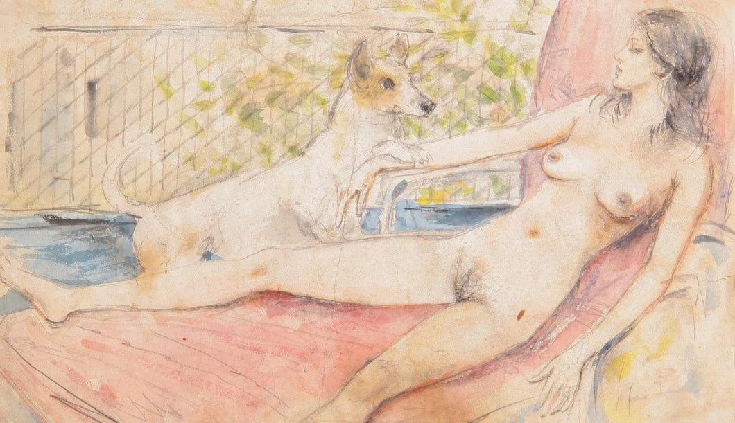 Reclining Nude with Dog Watercolor | Marshall Goodman,{{product.type}}