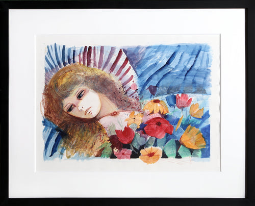 Reclining Woman and Flowers Watercolor | Charles Levier,{{product.type}}