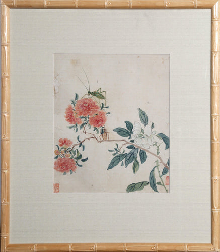 Red and White Flowers with Grasshopper Watercolor | Unknown, Japanese,{{product.type}}