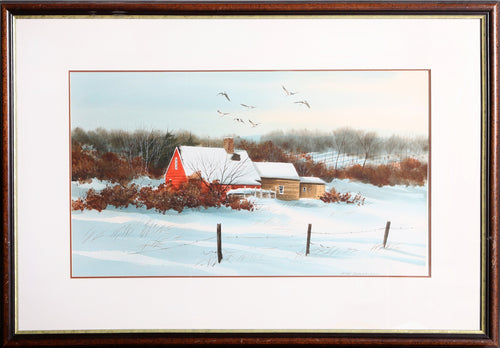 Red Barn in the Snow Watercolor | James Feriola,{{product.type}}