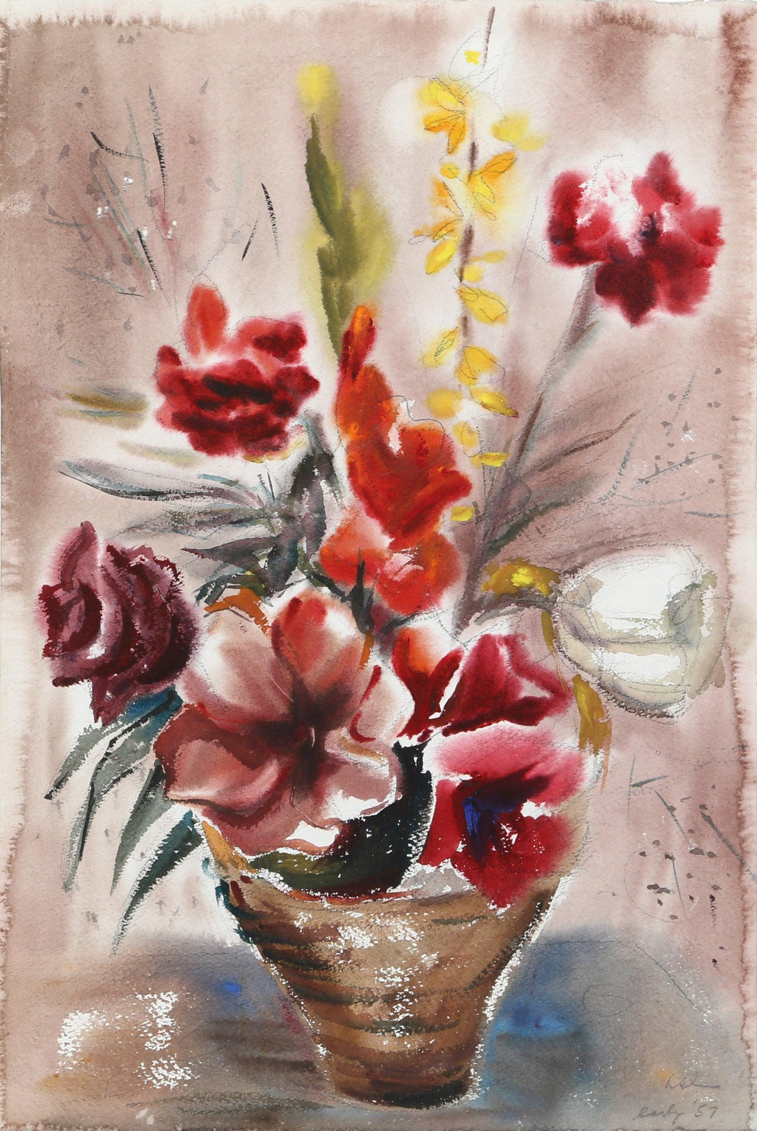 Red Flowers in Basket (P1.7) Watercolor | Eve Nethercott,{{product.type}}